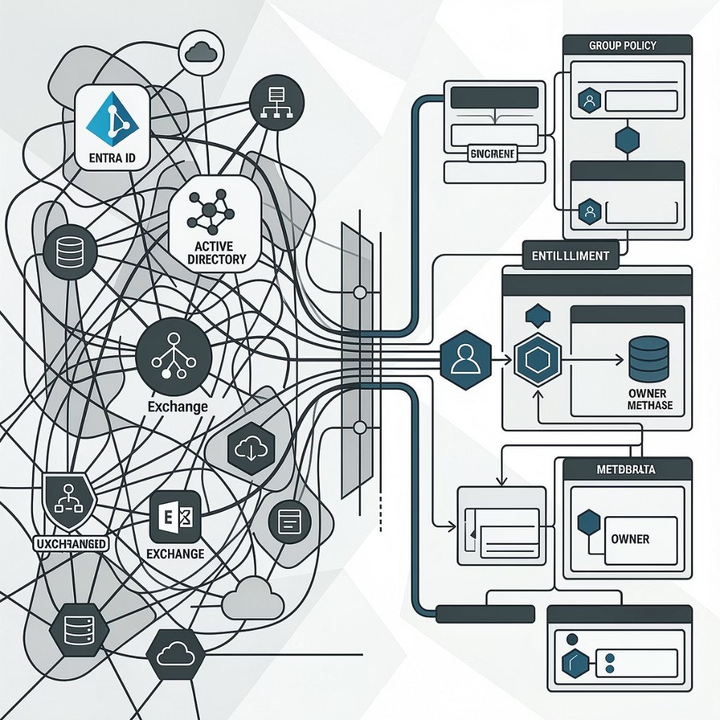 Sprawling connections between Entra ID, Active Directory, Exchange, and other identity systems